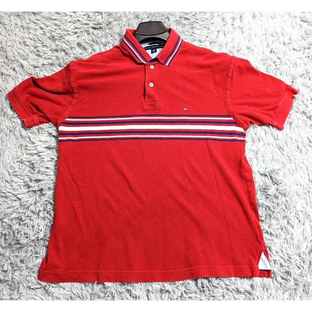 Tommy Hilfiger Polo Shirt Adult Size Large Red Blue Cotton Casual Rugby Mens‎